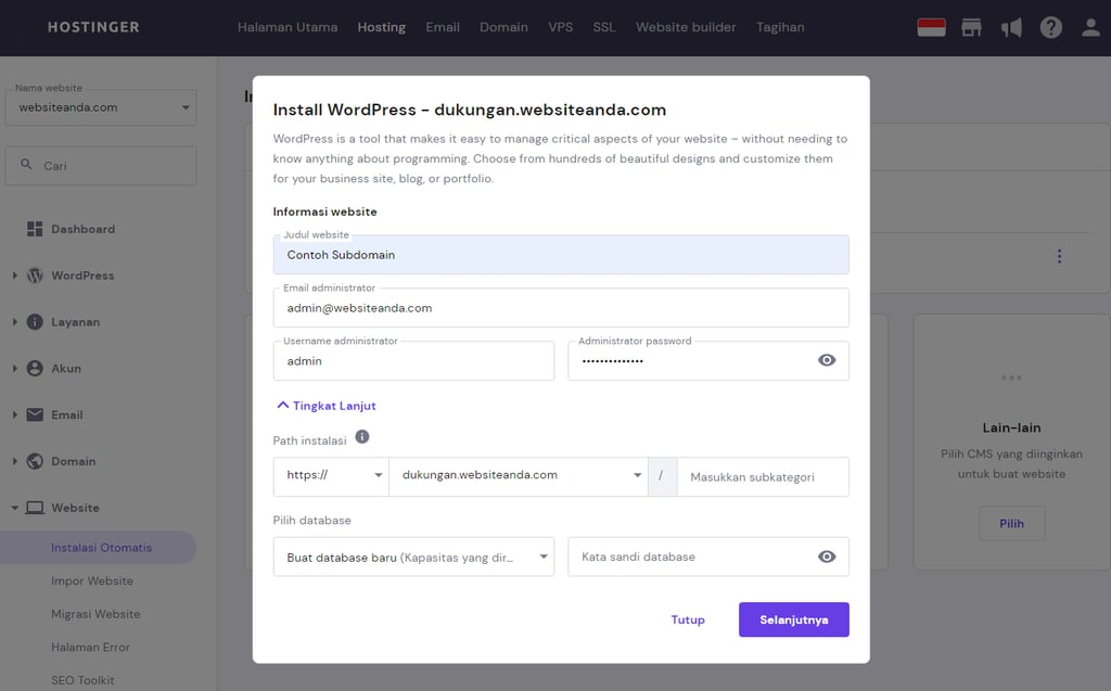 contoh cara membuat sub domain