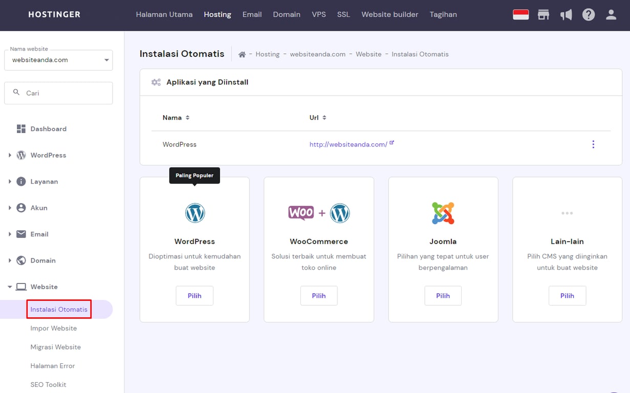 instalasi otomatis di hpanel hostinger