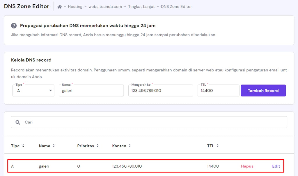 membuat sub domain di dns zone editor