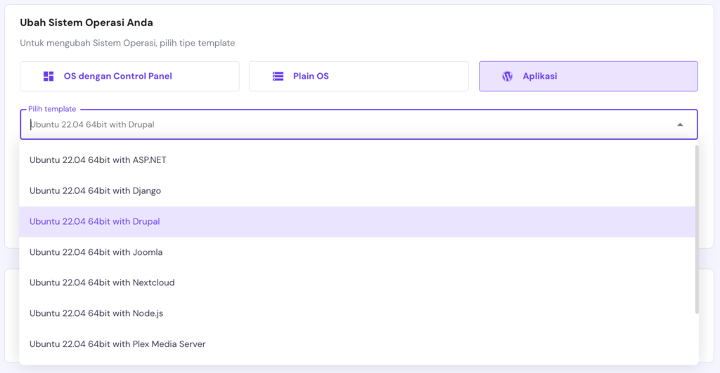 La página de sistemas operativos en hPanel. La plantilla Drupal está seleccionada.