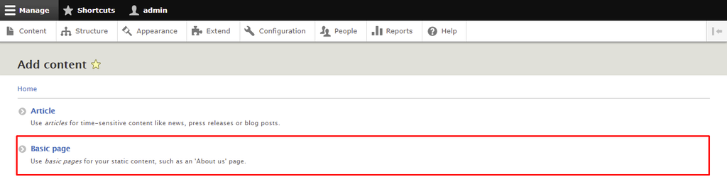 Menambahkan konten basic page Drupal