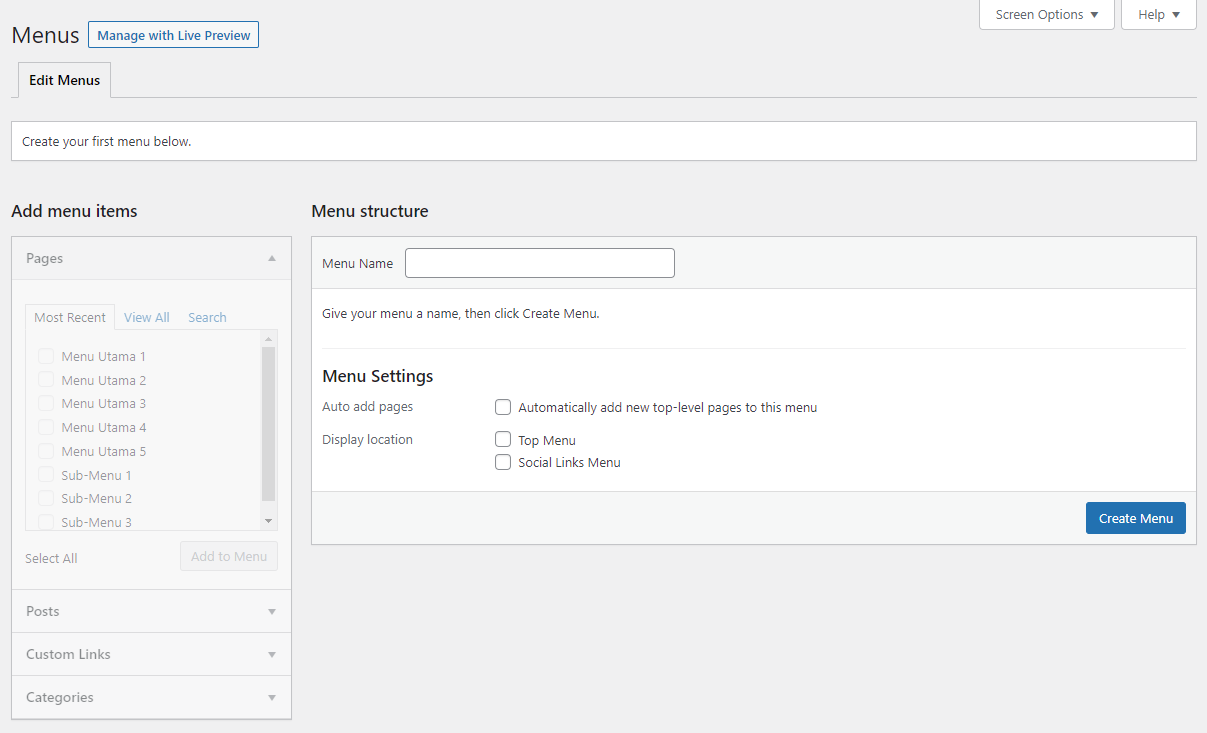 tampilan area untuk membuat menu di wordpress