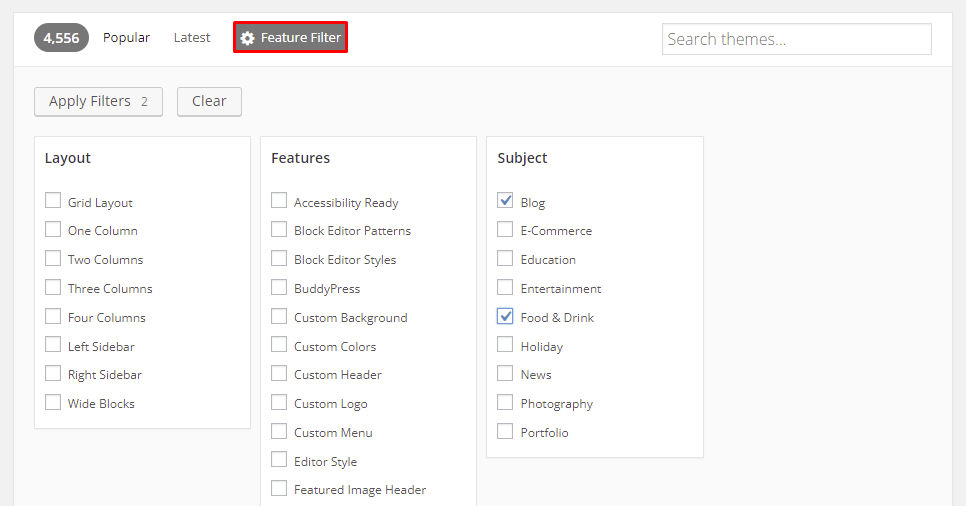 fitur filter untuk mengganti tema wordpress