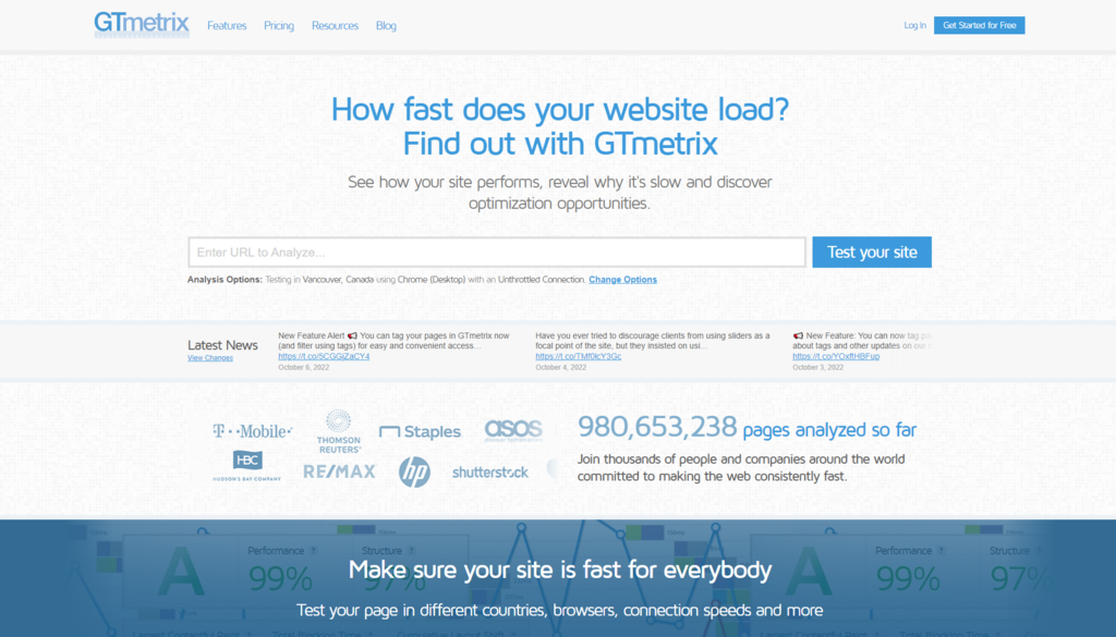 Halaman depan GTmetrix