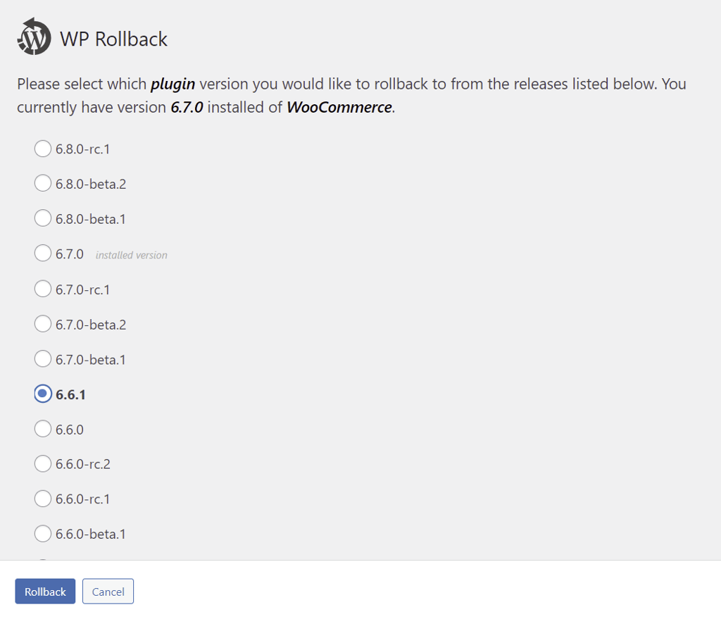 memilih versi plugin yang ingin downgrade menggunakan wp rollback