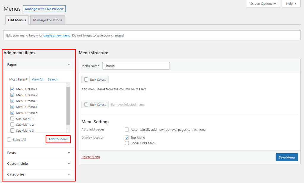 tampilan bagian menu wordpress menunjukkan proses menambahkan halaman ke menu