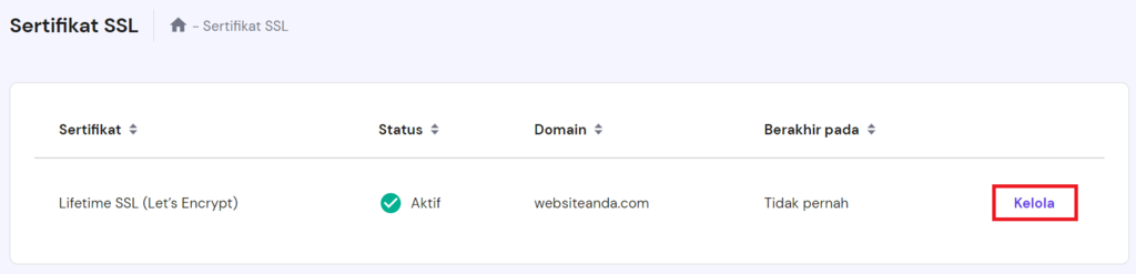 menu sertifikat ssl di hpanel