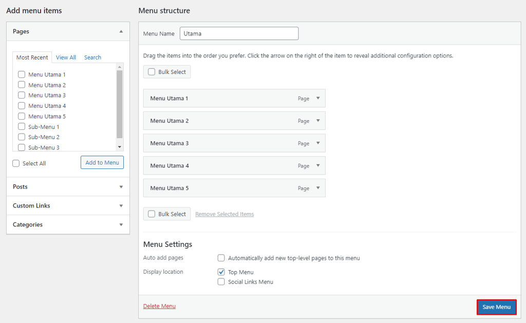 tampilan area menu wordpress dengan tombol save menu yang dipilih