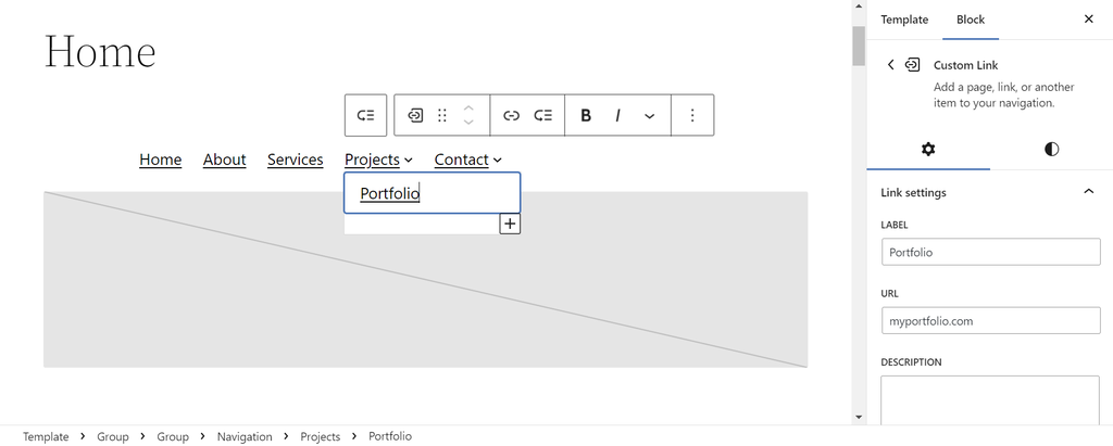 tampilan site editor wordpress menunjukkan pengaturan link navigasi submenu