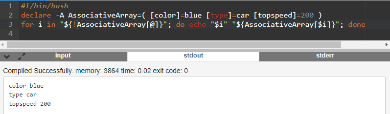 skrip command line untuk print elemen dan kunci untuk associative array