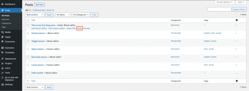 Menghapus postingan lewat Dashboard WordPress