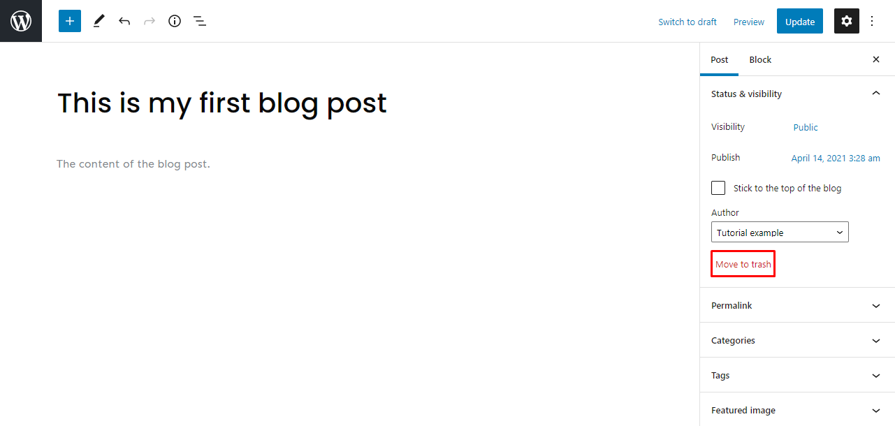 Menghapus postingan dengan opsi Move to trash pada Gutenberg Editor WordPress