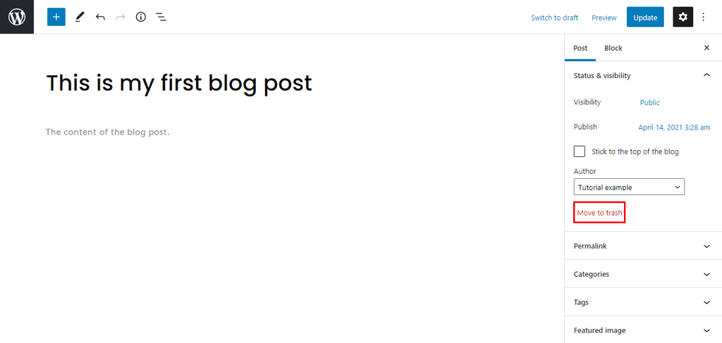 Menghapus postingan dengan opsi Move to trash pada Gutenberg Editor WordPress