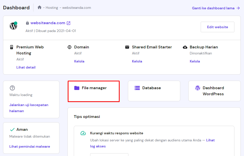 menu file manager di dashboard hpanel baru