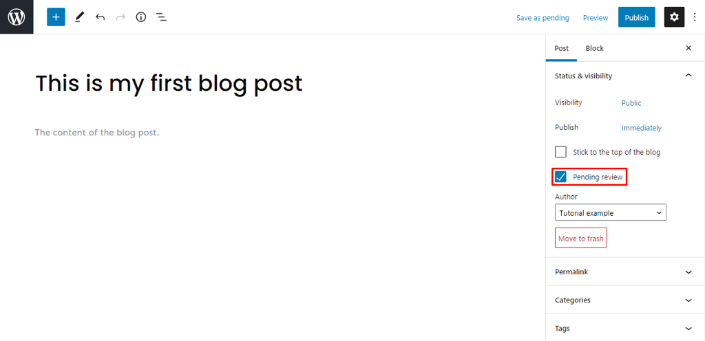 Opsi Pending review pada Gutenberg Editor WordPress