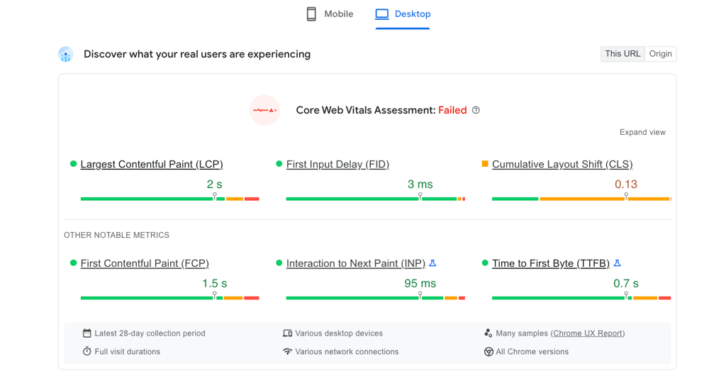 tampilan hasil pagespeed insights untuk pengujian desktop
