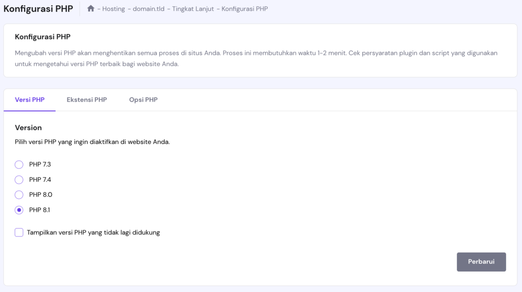 Halaman Konfigurasi PHP pada hPanel