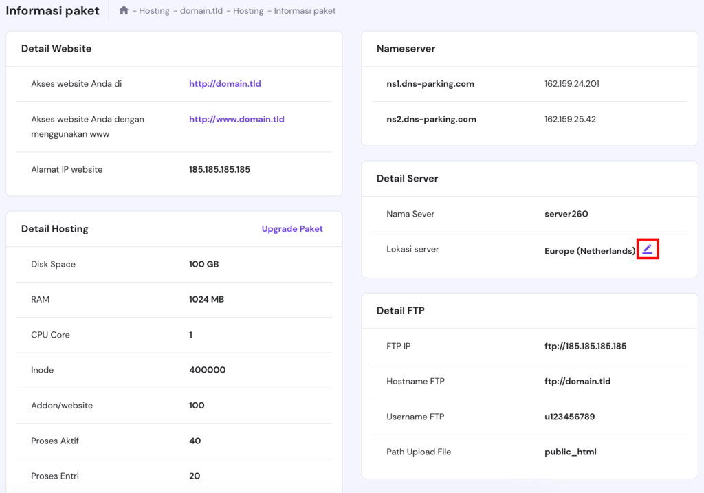 Halaman Detail Paket pada hPanel. Ikon Ubah server disorot