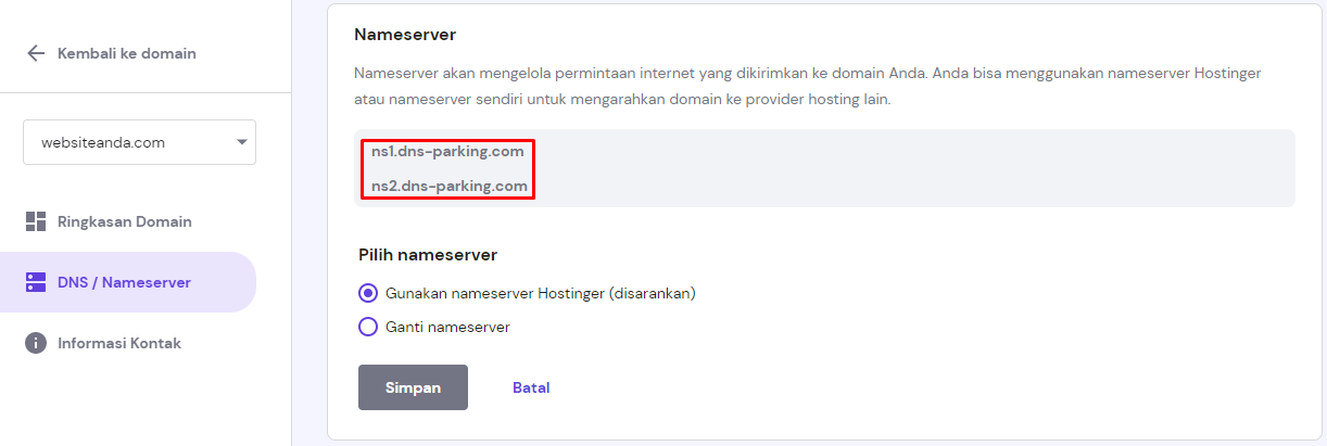 bagian dns/nameserver domain di hpanel hostinger