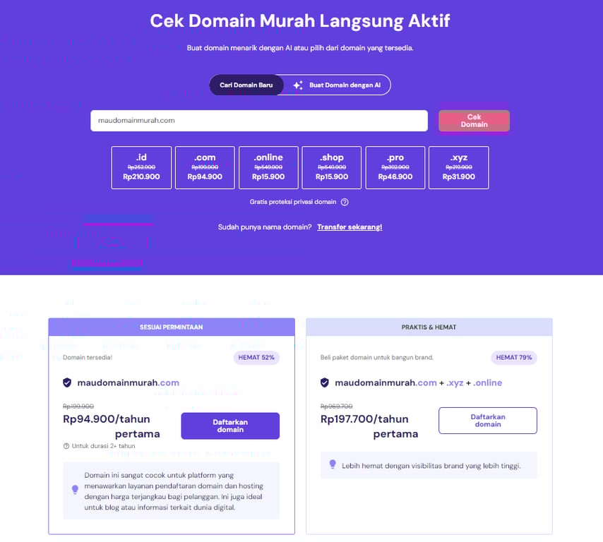 tampilan halaman pembelian domain menunjukkan pilihan domain