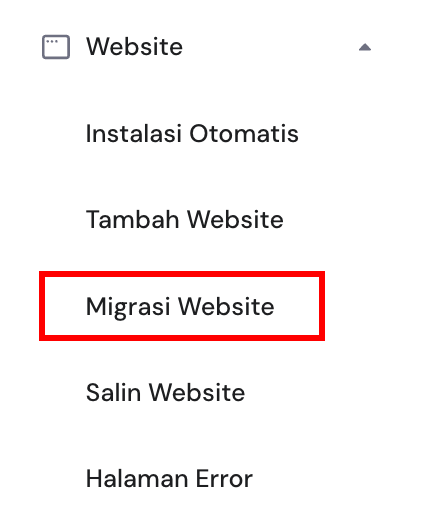 menu website di sidebar kiri hpanel dengan opsi migrasi website yang dipilih