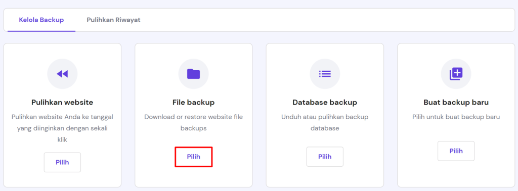 tampilan bagian backup di hpanel dengan opsi pilih yang disorot pada menu file backup