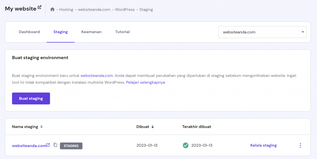 tampilan bagian staging di hpanel