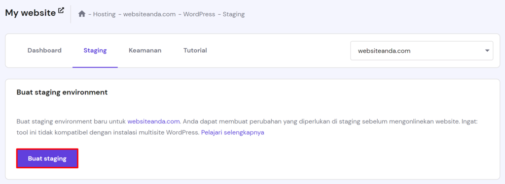 memilih tombol buat staging di hpanel
