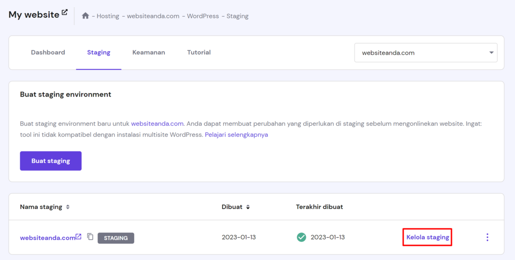 memilih kelola staging di hpanel untuk mengelola wordpress staging environment