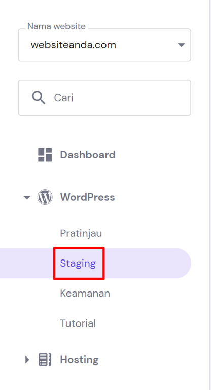 menu staging di sidebar kiri hpanel