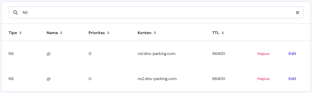 tampilan ns record di dns zone editor hostinger