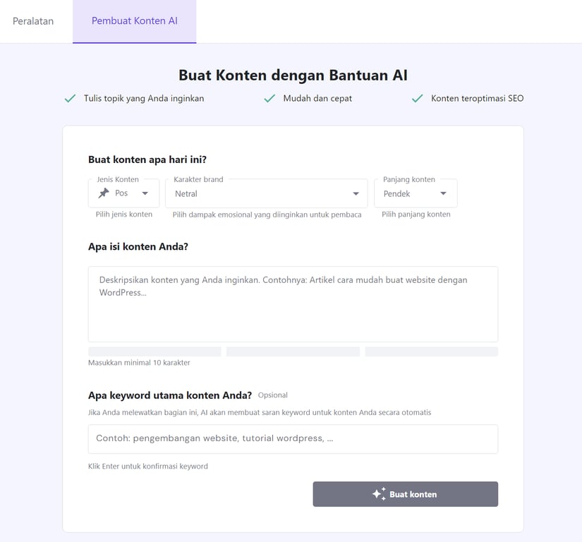 tampilan fitur ai content creator di paket business dan cloud hostinger