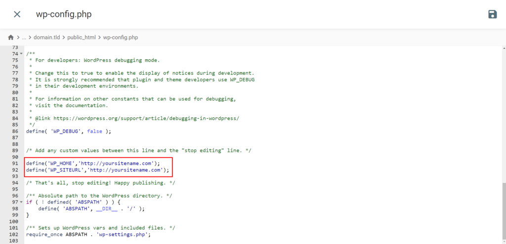 File wp-config.php di File Manager hPanel dengan kode yang telah ditambahkan