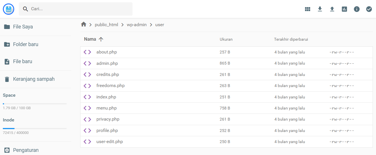lokasi direktori wp-admin -> user di dalam File Manager