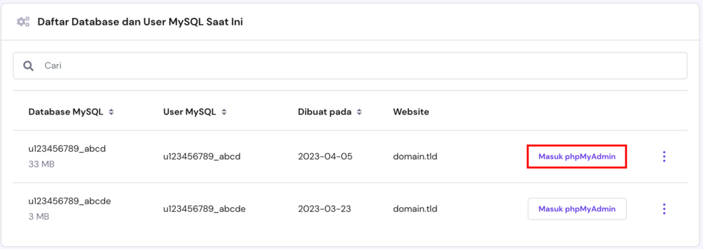 Tombol Masuk phpMyAdmin di halaman Manajemen database di hPanel