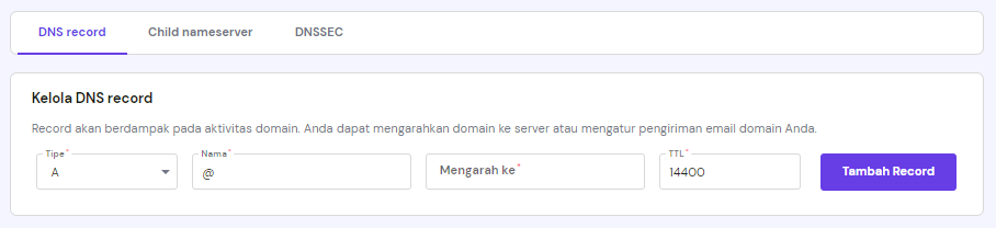 membuat dns record baru di hpanel dengan tipe a record