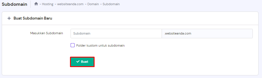 memilih buat untuk membuat subdomain di hpanel