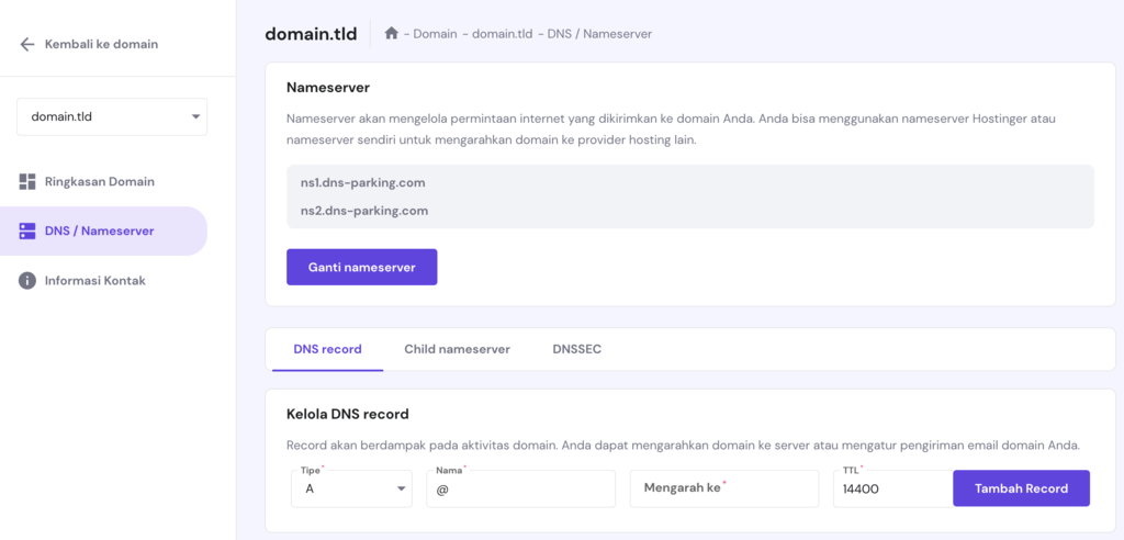 halaman dns/nameserver di hpanel