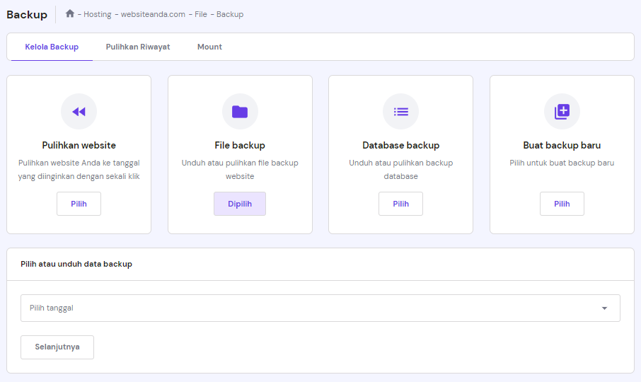 tampilan bagian backup di hpanel dengan opsi file backup yang dipilih