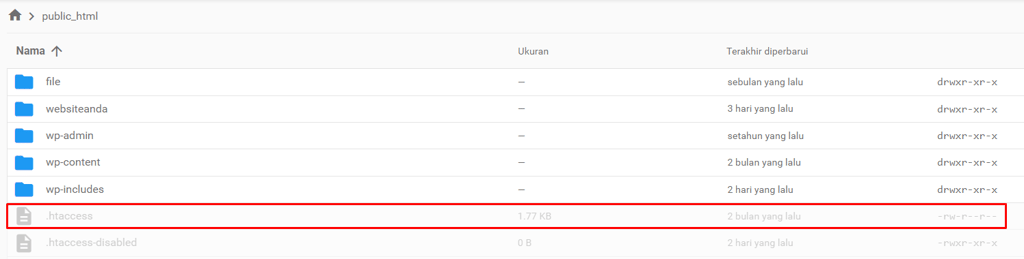 tampilan file manager hostinger menunjukkan file htaccess yang dipilih