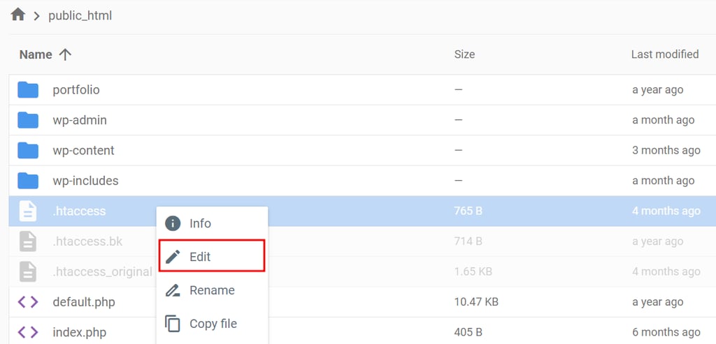 Edit file .htaccess di direktori root WordPress