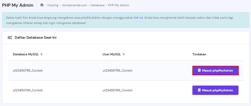 Menu Masuk phpMyAdmin pada antarmuka hPanel