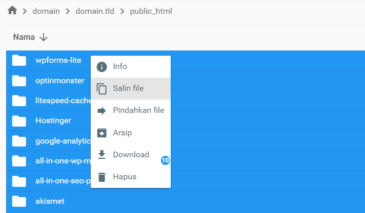 memilih salin file untuk semua file di file manager