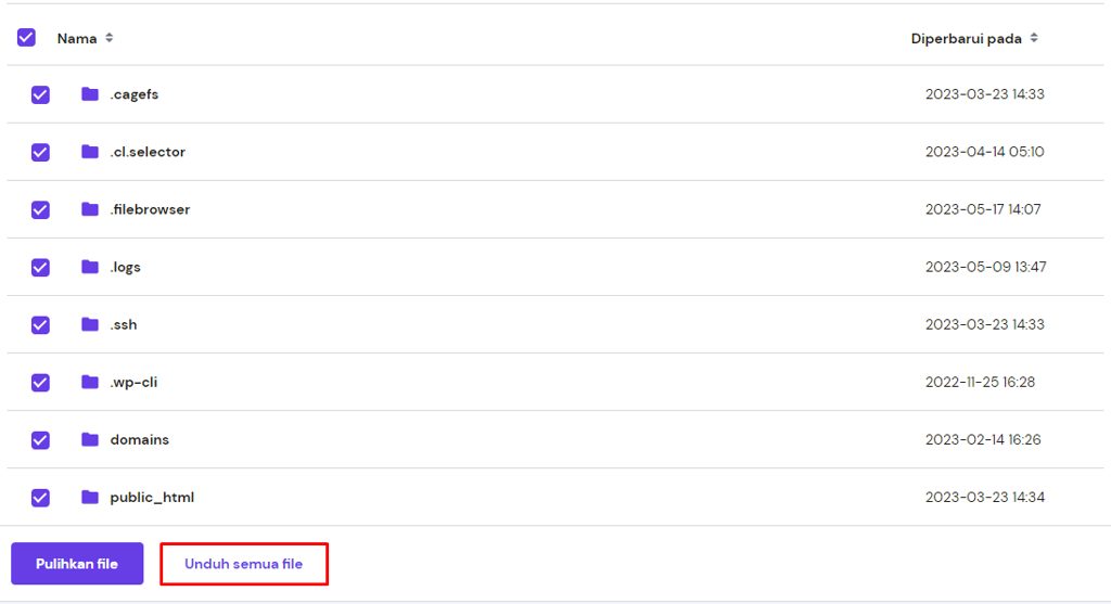 tampilan bagian tanggal backup di hpanel dengan tombol unduh semua file yang dipilih