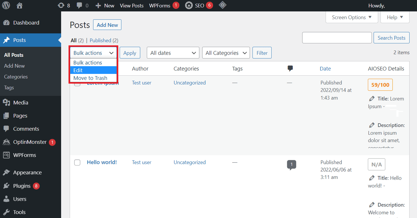 memilih tindakan massal di dashboard wordpress