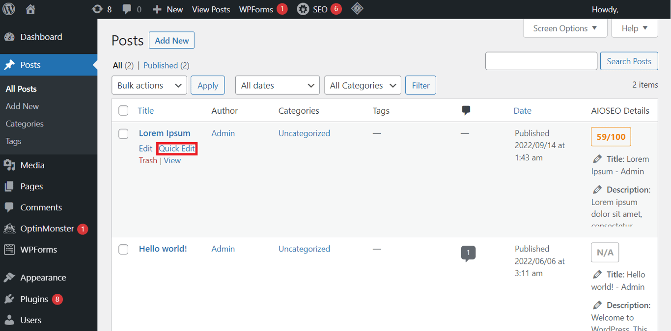 memilih menu quick edit di halaman postingan dashboard wordpress