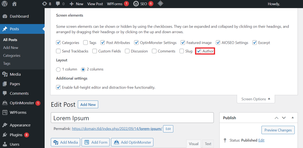 langkah mengaktifkan panel author di classic editor wordpress