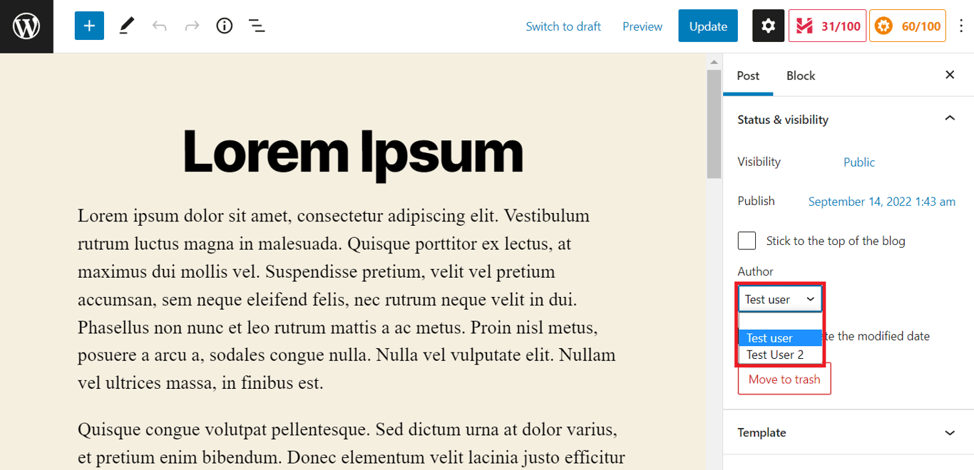 memilih author dari drop-down di editor wordpress
