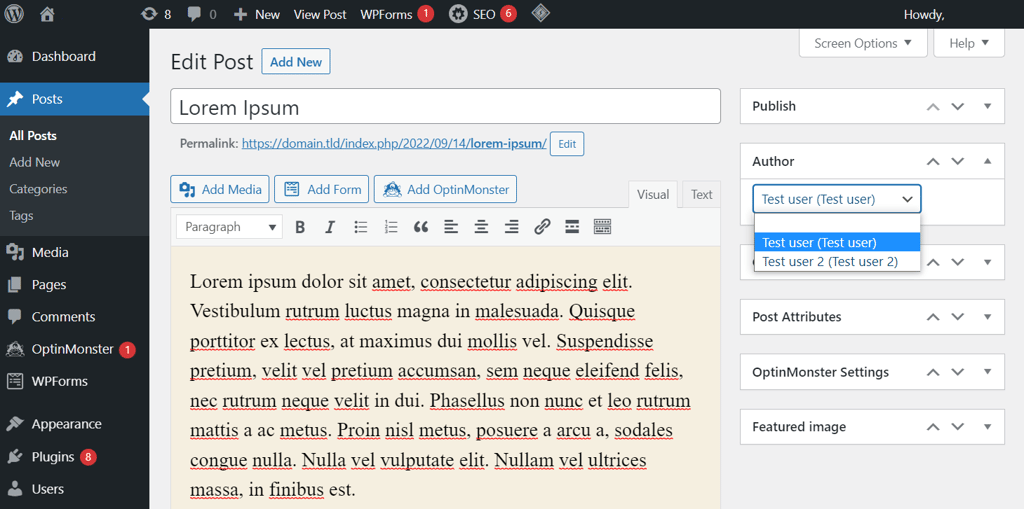 langkah mengubah panel author di classic editor wordpress