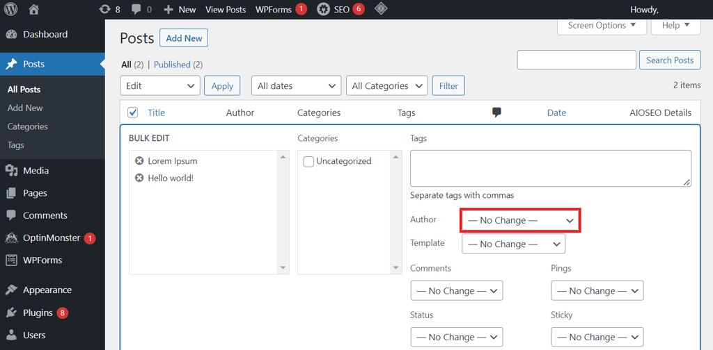 memilih pengaturan di wordpress untuk mengganti author secara massal